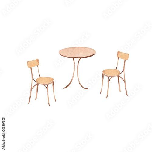  The round table complemented by the surrounding 2 chairs - watercolor hand drawn clipart, isolated elements on white background. Street cafe elements