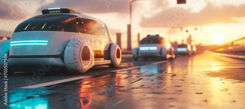 Futuristic self-driving robotaxi autonomous car riding on highway with AI technology and navigation © Eliya