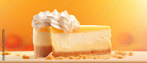 Cheesecake with Whipped Cream Topping on a Peach Colored Background