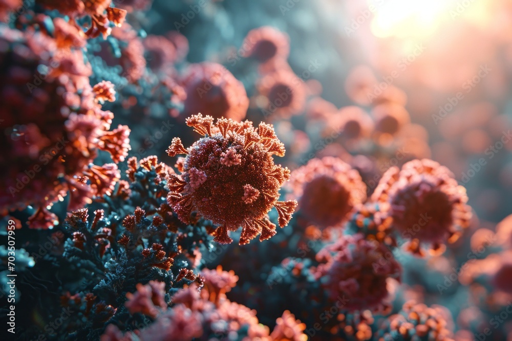 Microscope close-up of the coronavirus covid-19 disease. Virus preading in body cell. Rendering of the bacteria on a microscopic level. Microscope close-up of the coronavirus covid-19 disease. Virus preading in body cell. Rendering of the bacteria on a microscopic level.