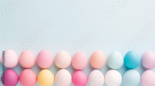 Easter eggs painted in nice pastel colors  flat lay composition  soft natural lighting  pastel background  space for text  banner