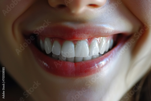 White female smile, front view of healthy beautiful teeth