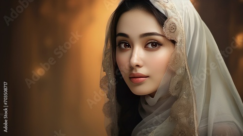Beautiful chinese muslim lady, copy space with generative ai