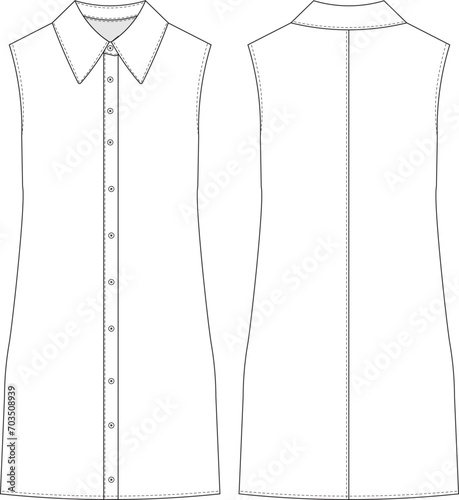 sleeveless sheath straight short shirt dress template technical drawing flat sketch cad mockup fashion woman design style model denim jean