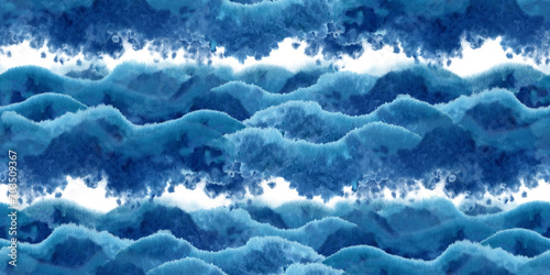 Watercolor blue seamless border for the image of the sea  waves  sky  clouds  background  abstract seascapes with texture. Illustrations isolated on a white background and created for design projects