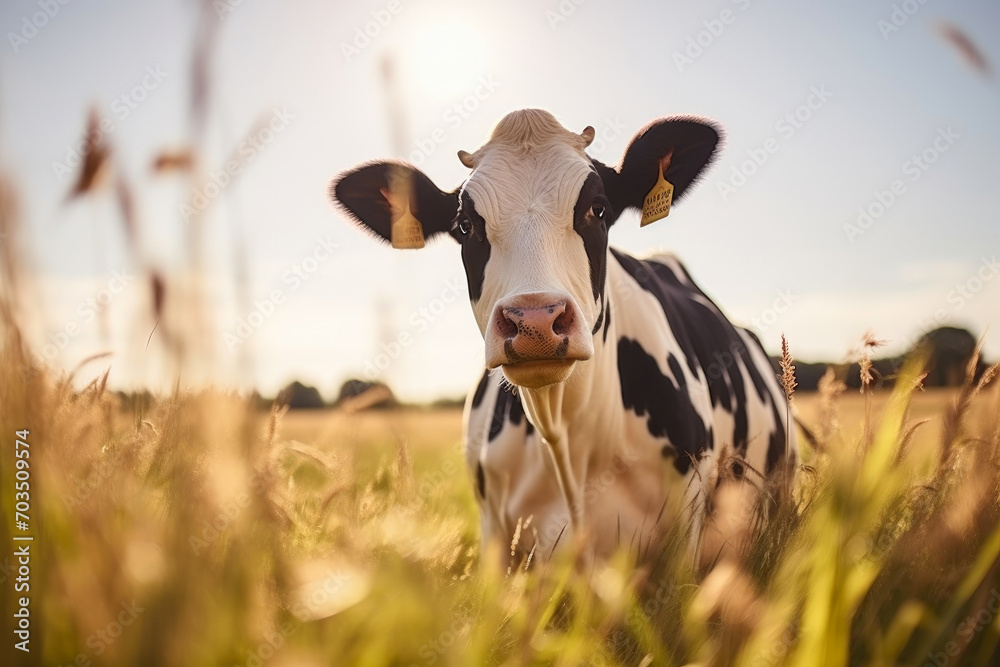 Tranquil Farm Scene: Sun-kissed Cow in Field