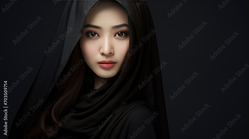 Beautiful chinese muslim lady, copy space with generative ai Beautiful chinese muslim lady, copy space with generative ai