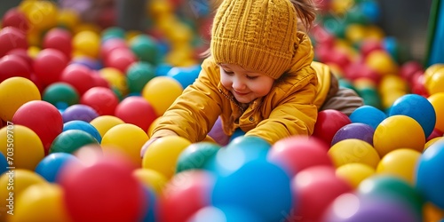 A little boy sits in colorful balloons in a children's playroom with a yellow hat on his head.