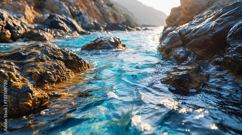 rocky coast of the Mediterranean Sea at sunset. waves breaking on the rocks. Beautiful seascape with turquoise water and rocks. Sea waves close-up.