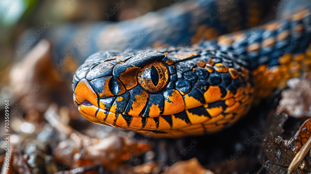 Close up of a black and orange viper snake on the forest floor. Close up of a black and orange viper snake on the forest floor.