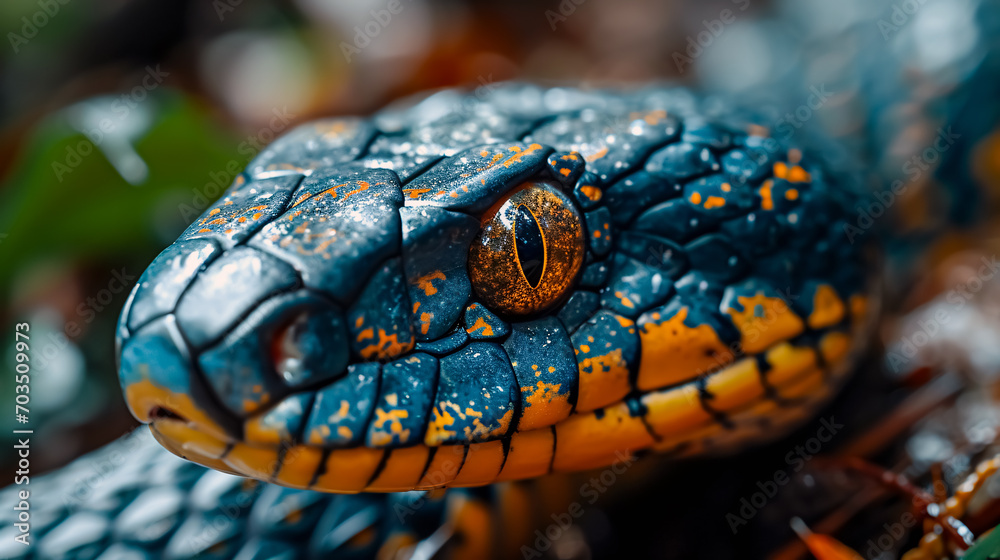 Close up of a black and orange viper snake on the forest floor. Close up of a black and orange viper snake on the forest floor.