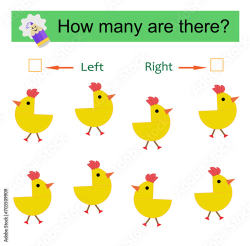 Left or Right. Educational game for kids. Count how many chicks are turned left and how many are turned right.