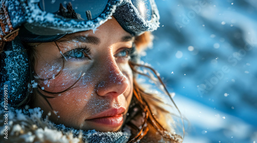 Close-up portrait of a beautiful girl in a ski suit on the background of a winter forest. 