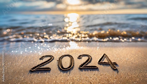 2024 escrito com areia da praia bonita refletindo luz do sol