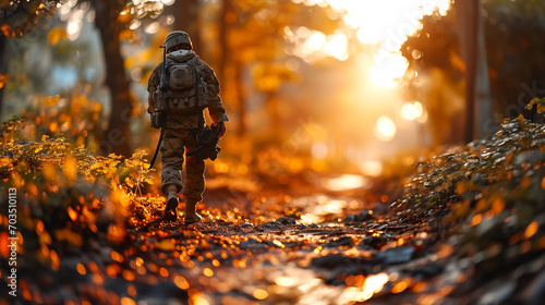 Army soldier walking in the autumn forest. Selective focus. Shallow depth of field.  photo