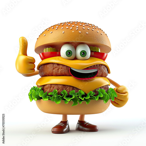 Happy burger, thumbs up, 3D cartoon hamburger. Isolated on white background