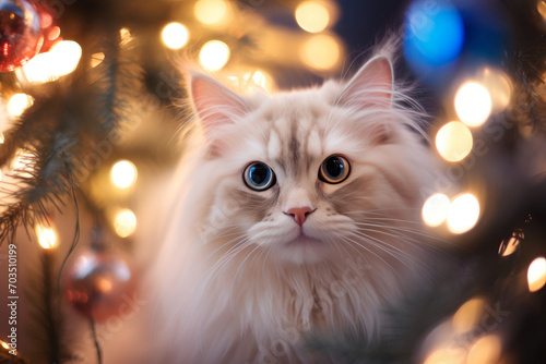 Festive Feline: White Cat Amidst Christmas Magic