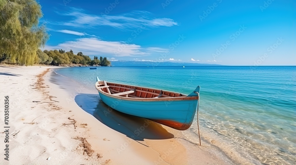 Blue wooden boat on a sandy beach with crystal clear water