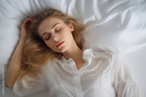 Soothing Sleep: Woman in White Pajamas on Soft Bed