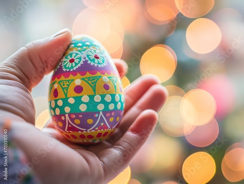 Hand holding decorated Easter egg, close-up, bokeh background