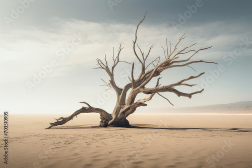 Sublime Isolation: Barren Tree amidst Desert Dunes