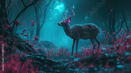 Cyberpunk deer in the enchanted forest