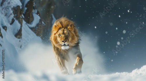 A lion is running through the snow © Artur
