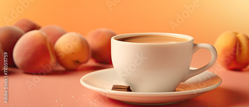 Coffee in a White Cup with Cinnamon on a Saucer and Peaches in the Background