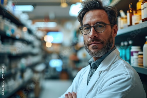 Portrait of Professional male Pharmacist. Generative AI.
