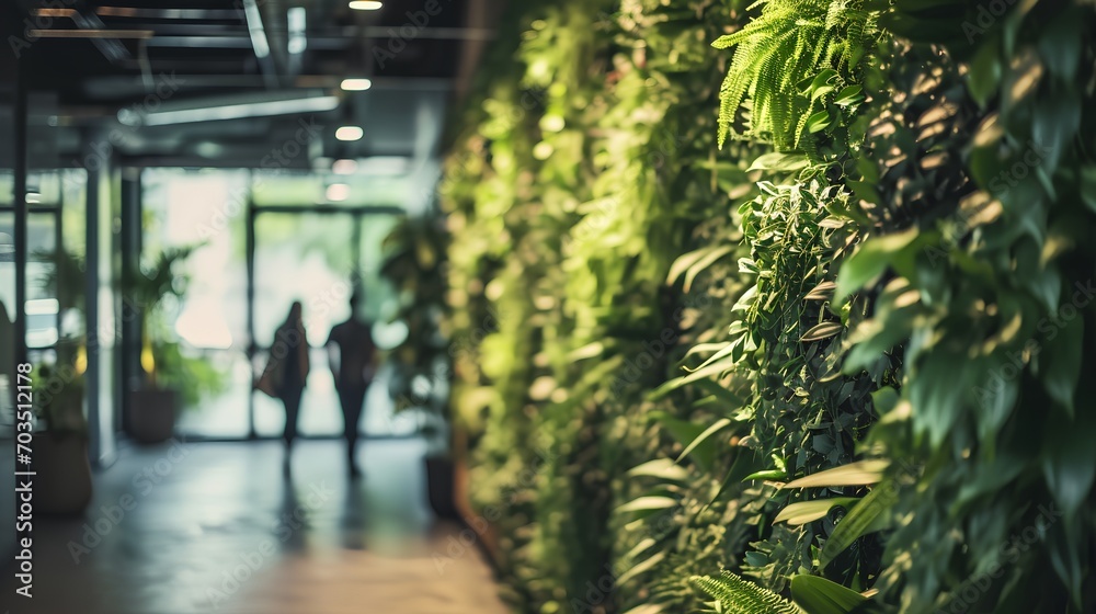 Modern corporate office interior with vibrant green walls, eco-friendly sustainable design elements, and an array of lush indoor plants enhancing the workspace environment. - obrazy, fototapety, plakaty 