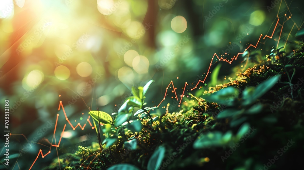 A graphical representation of a rising stock market trend line superimposed on a serene natural backdrop, symbolizing economic growth in harmony with the environment. - obrazy, fototapety, plakaty 