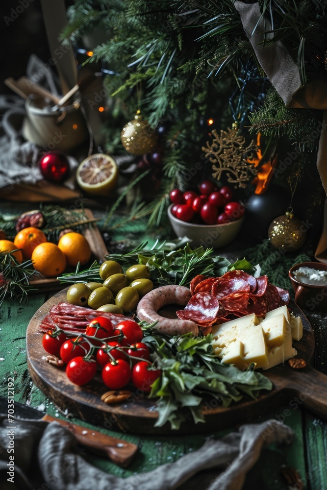 Different antipasto in shape of Christmas wreath