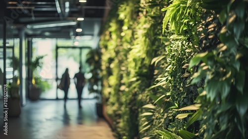 Modern corporate office interior with vibrant green walls, eco-friendly sustainable design elements, and an array of lush indoor plants enhancing the workspace environment.