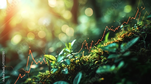 A graphical representation of a rising stock market trend line superimposed on a serene natural backdrop, symbolizing economic growth in harmony with the environment. photo