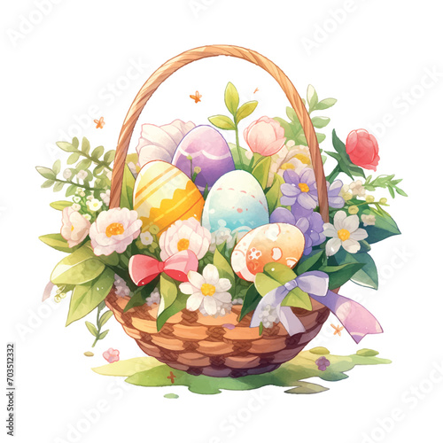 easter multicolored eggs with flowers in a basket watercolor on white background