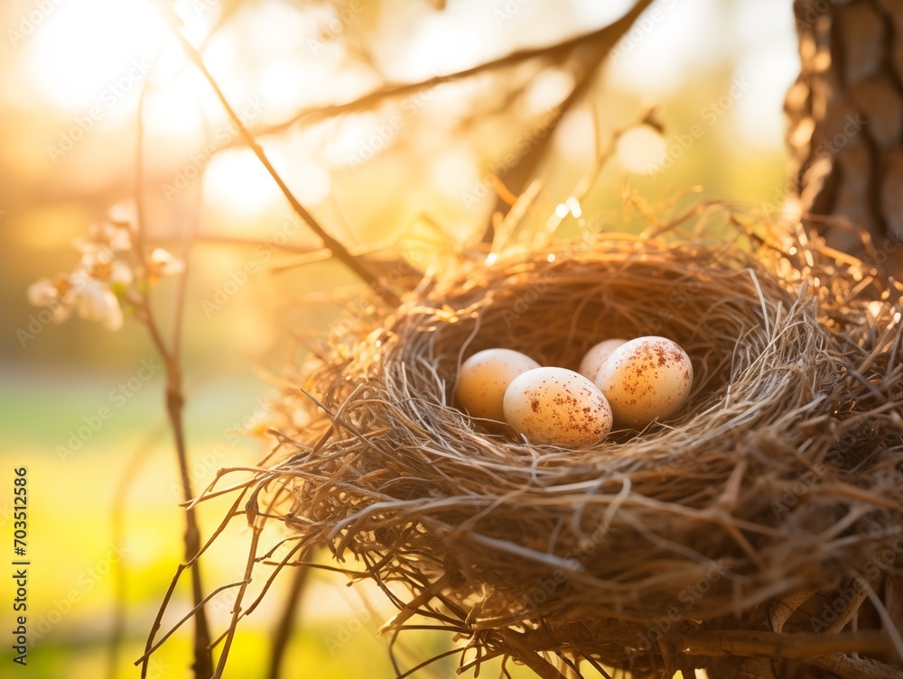 Obraz premium Easter eggs in a bird's nest, natural setting, symbol of new beginnings
