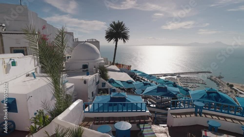 Sidi Bou Said, Tunisia - Cafe with Blue and White Color Overlook Mediterranean Sea photo