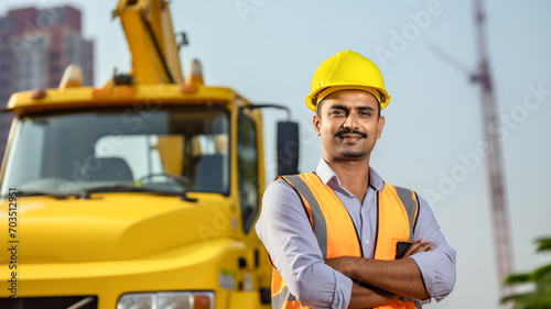 Portrait of indian crane operator daily work construction site construction site background of yellow heavy duty crane parked on the construction site. LTM mobile crane. Telescopic truck mounted crane