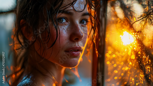Close-up portrait of a beautiful young woman with wet hair and freckles on her face.