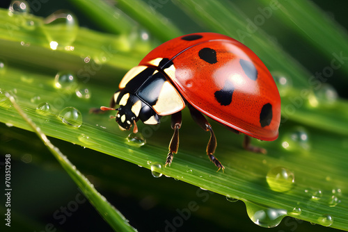 Ladybug on Dewy Grass Close-up of a ladybug on vibrant green grass with morning dew, symbolizing the freshness of spring Generative AI, 