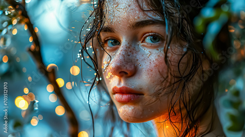 Close-up portrait of a beautiful young woman with wet hair and freckles on her face.  photo