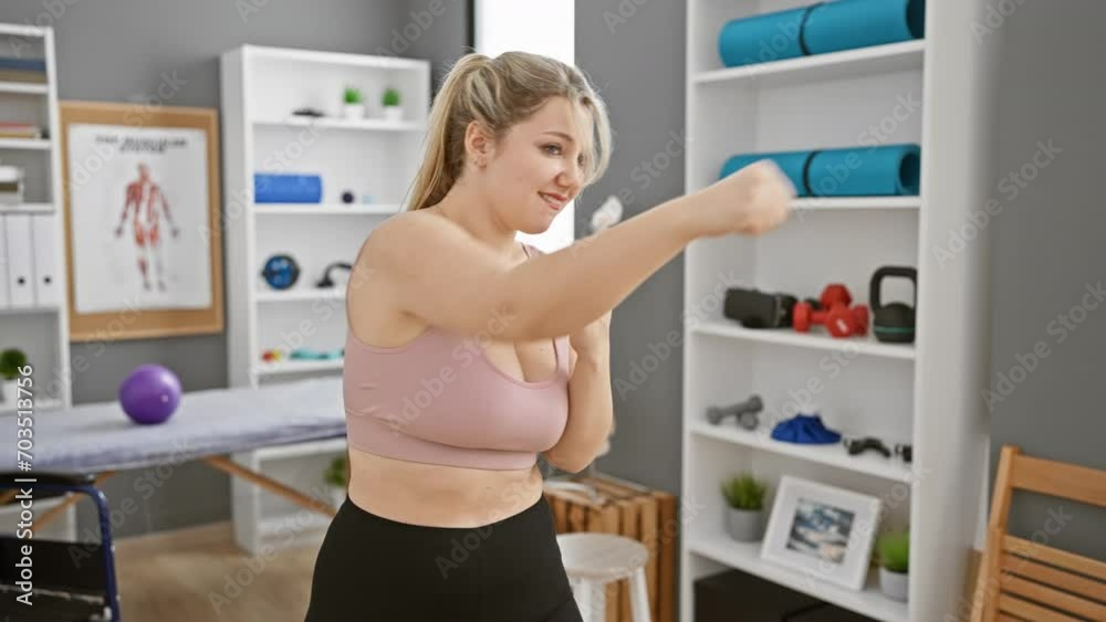 A surprised young woman in a rehabilitation clinic doing a physical therapy exercise. A surprised young woman in a rehabilitation clinic doing a physical therapy exercise.