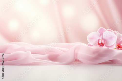 Beautiful scene stage for montage your products, presentation or promotion sale against tender pink silk background with orchids. Show case for natural cosmetic or food products. Template