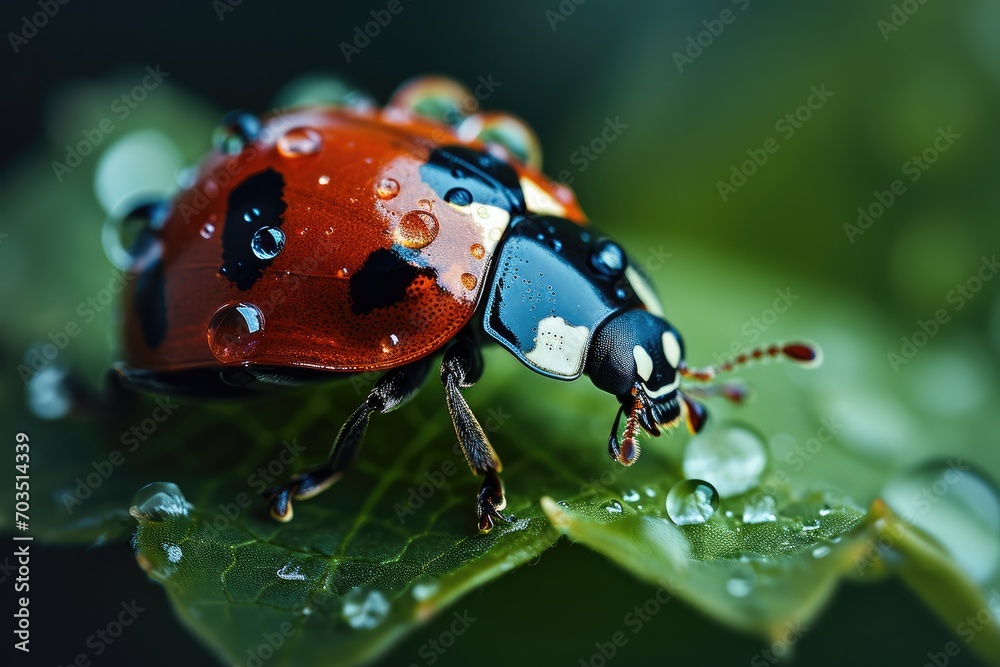 Obraz premium A red ladybug sitting quietly on a leaf. Generative AI.