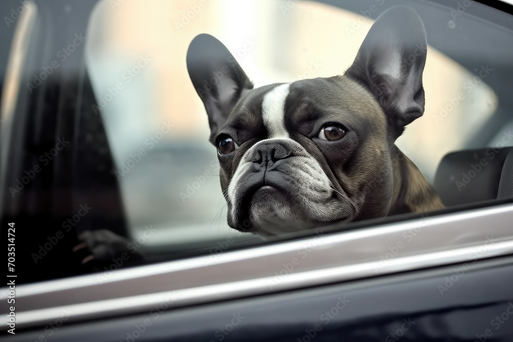 Portrait of a dog in a closed car. Pet left alone in car in danger
