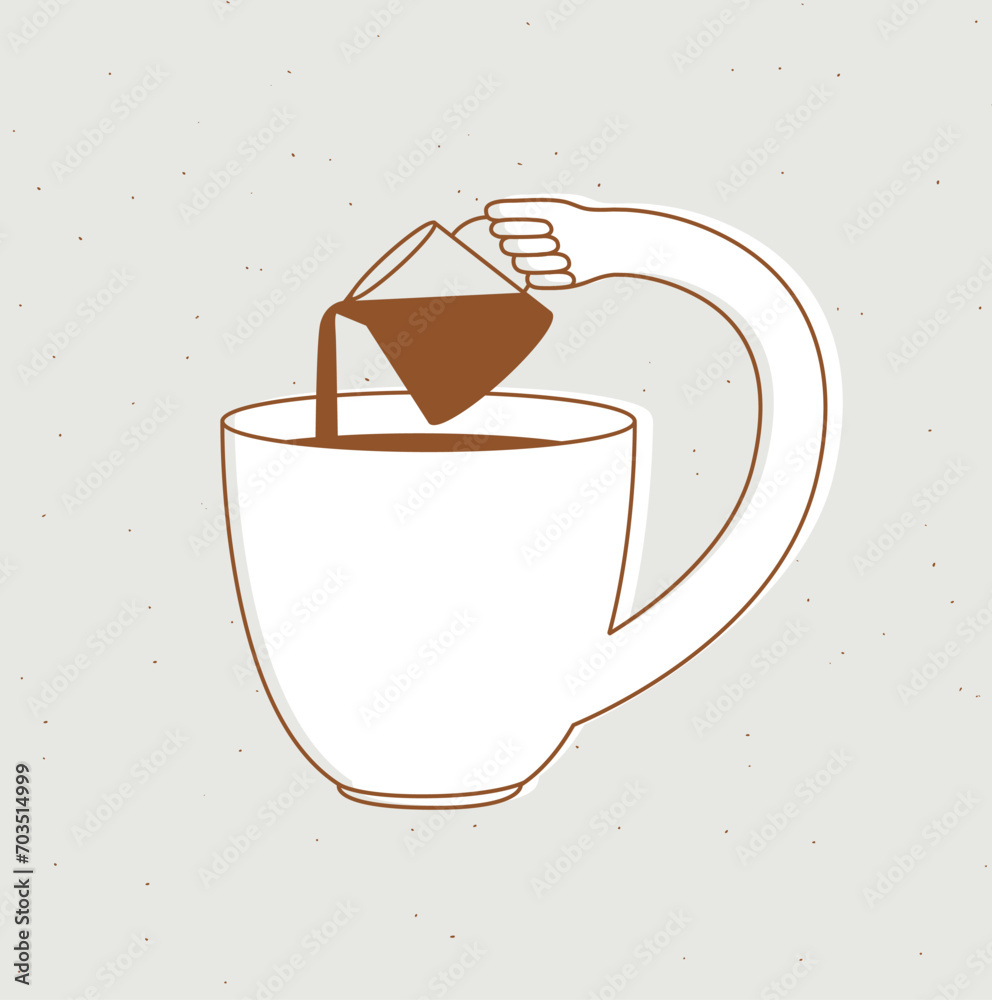 Cup pours milk into itself drawing in cartoon flat line style on beige background