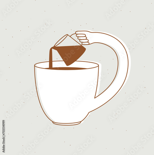 Obraz na płótnie Cup pours milk into itself drawing in cartoon flat line style on beige background w salonie