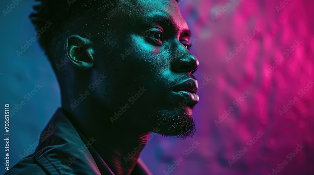 Contemplative Man in Pink and Turquoise Neon Glow Contemplative Man in Pink and Turquoise Neon Glow