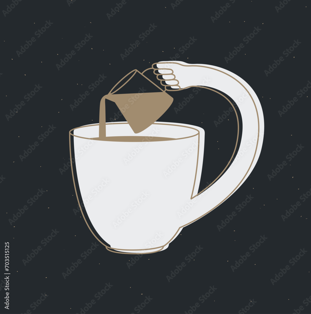 Cup pours milk into itself drawing in cartoon flat line style on black background