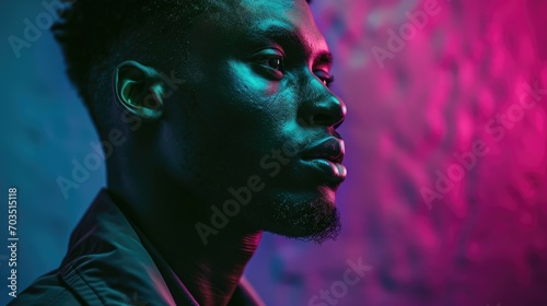 Contemplative Man in Pink and Turquoise Neon Glow © romanets_v